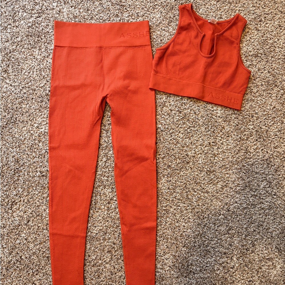 Women's Red Ribbed Leggings and Crop Top Set